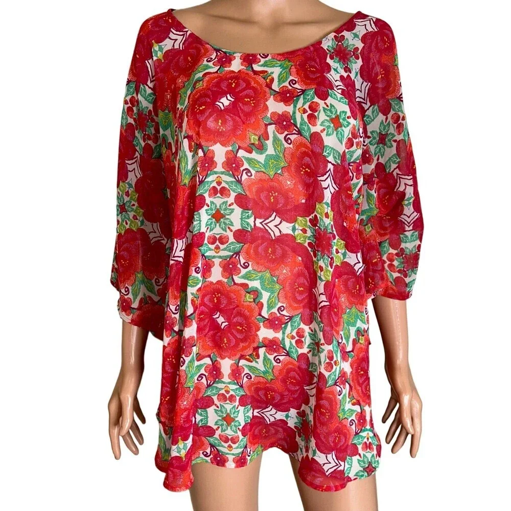 Show me Your MuMu top blouse swimsuit coverup Tropical high low lightweight SZ M